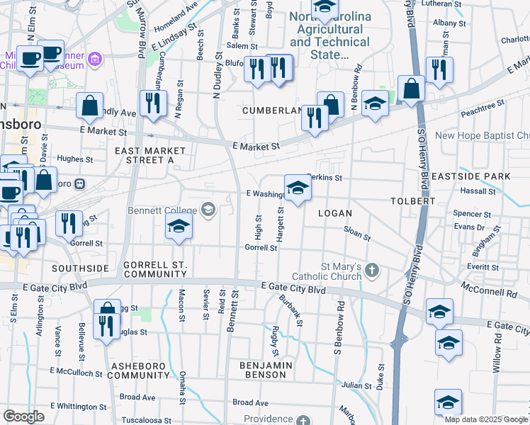 map of restaurants, bars, coffee shops, grocery stores, and more near 417 High Street in Greensboro