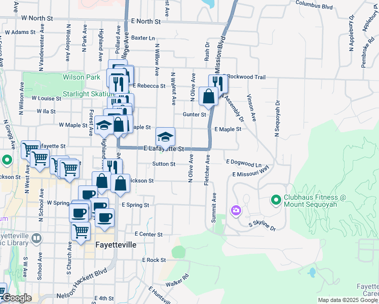 map of restaurants, bars, coffee shops, grocery stores, and more near 425 State Highway 45 in Fayetteville