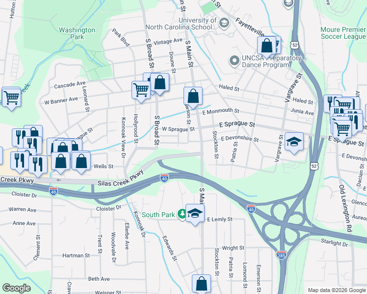 map of restaurants, bars, coffee shops, grocery stores, and more near 465 Silas Creek Parkway in Winston-Salem