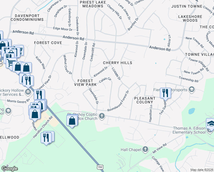 map of restaurants, bars, coffee shops, grocery stores, and more near 1428 Calais Court in Nashville