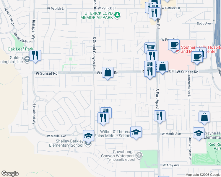 map of restaurants, bars, coffee shops, grocery stores, and more near 9696 Kampsville Avenue in Las Vegas