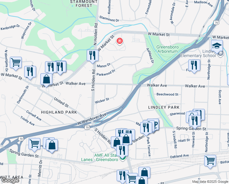 map of restaurants, bars, coffee shops, grocery stores, and more near 510 Wicker Street in Greensboro