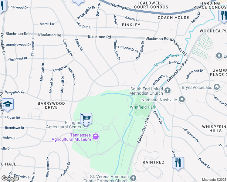 map of restaurants, bars, coffee shops, grocery stores, and more near 5025 Briarwood Drive in Nashville