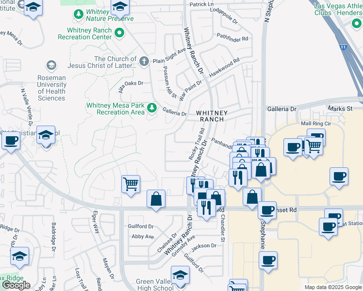 map of restaurants, bars, coffee shops, grocery stores, and more near 1510 Cliff Branch Drive in Henderson