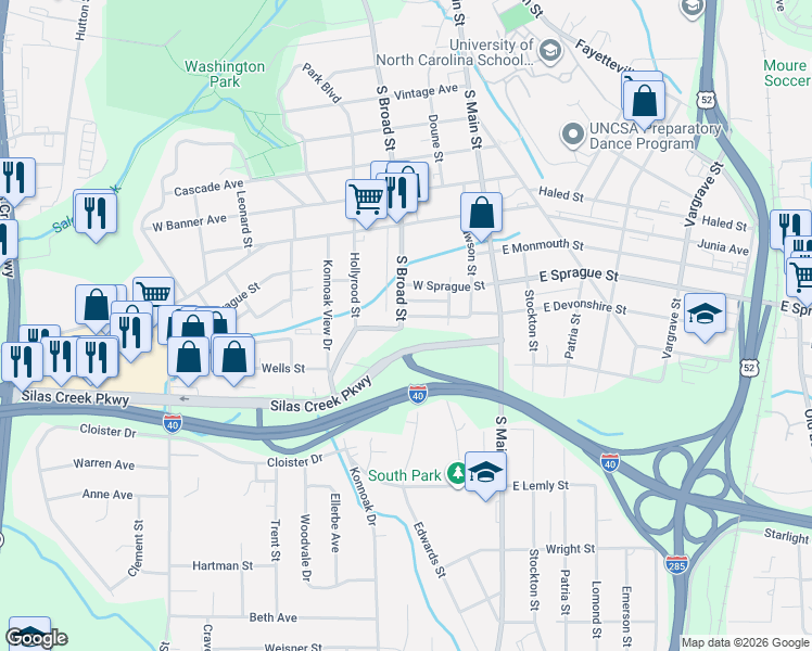 map of restaurants, bars, coffee shops, grocery stores, and more near 134 Southwest Devonshire Street in Winston-Salem