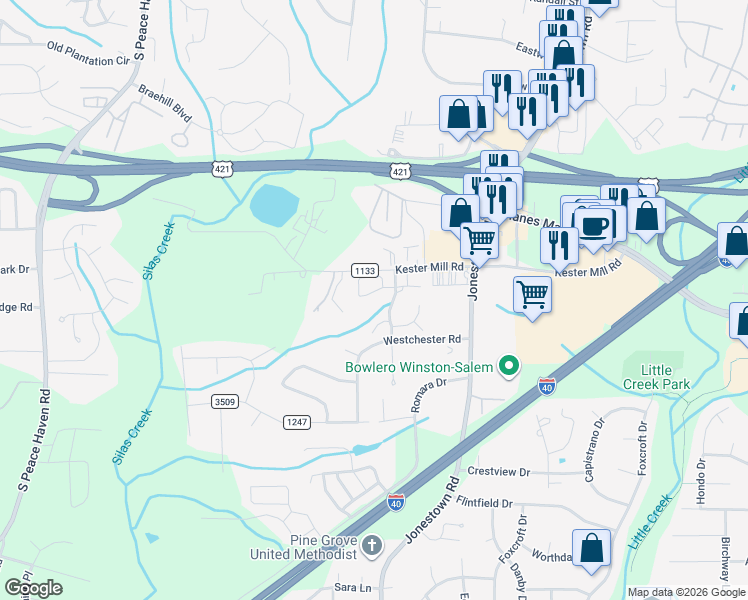 map of restaurants, bars, coffee shops, grocery stores, and more near 4767 Kennington Terrace Court in Winston-Salem