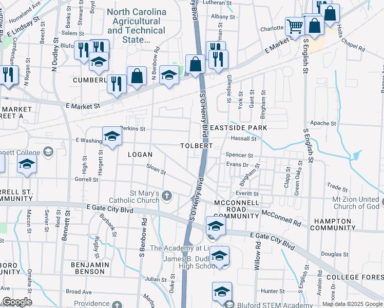 map of restaurants, bars, coffee shops, grocery stores, and more near 1600 East Washington Street in Greensboro