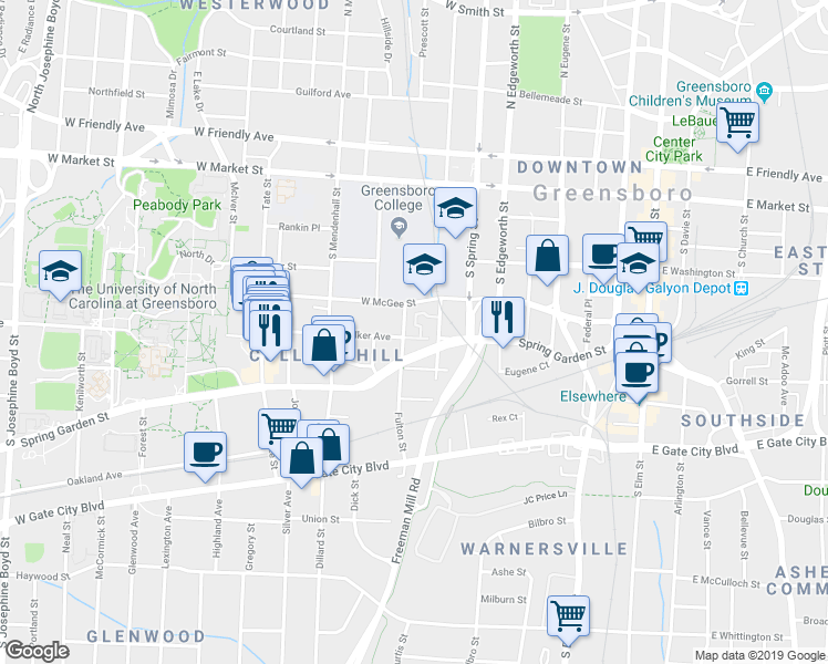 map of restaurants, bars, coffee shops, grocery stores, and more near 626 Walker Avenue in Greensboro