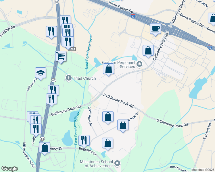 map of restaurants, bars, coffee shops, grocery stores, and more near 488 Gallimore Dairy Rd in Greensboro