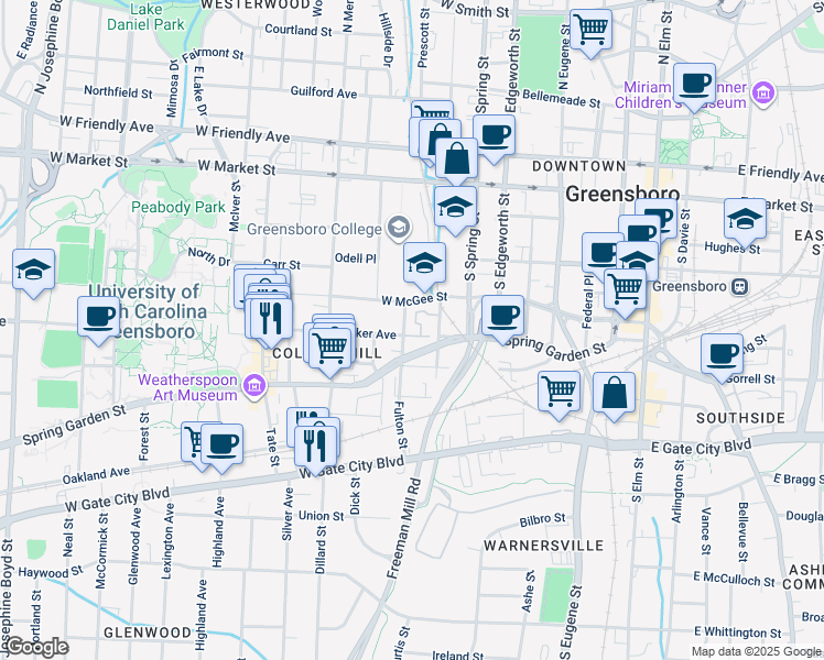 map of restaurants, bars, coffee shops, grocery stores, and more near 626 Walker Avenue in Greensboro