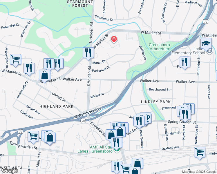 map of restaurants, bars, coffee shops, grocery stores, and more near 510 Wicker Street in Greensboro