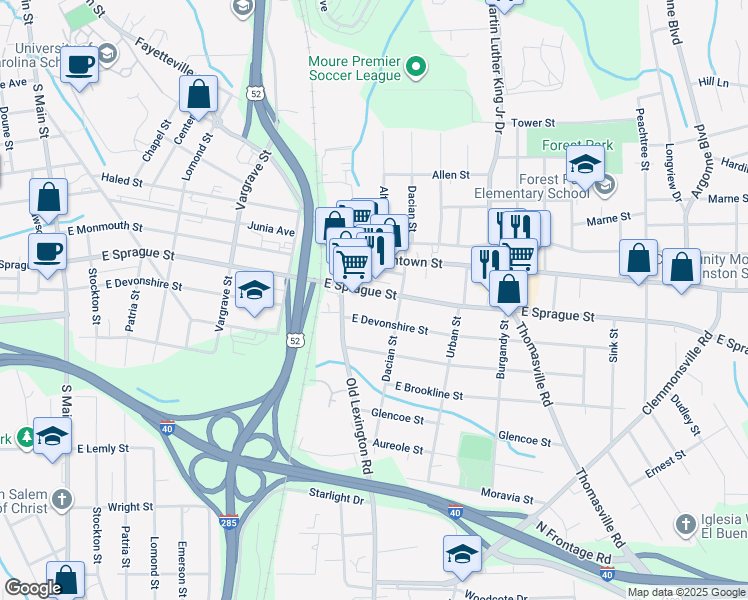 map of restaurants, bars, coffee shops, grocery stores, and more near 628 East Sprague Street in Winston-Salem