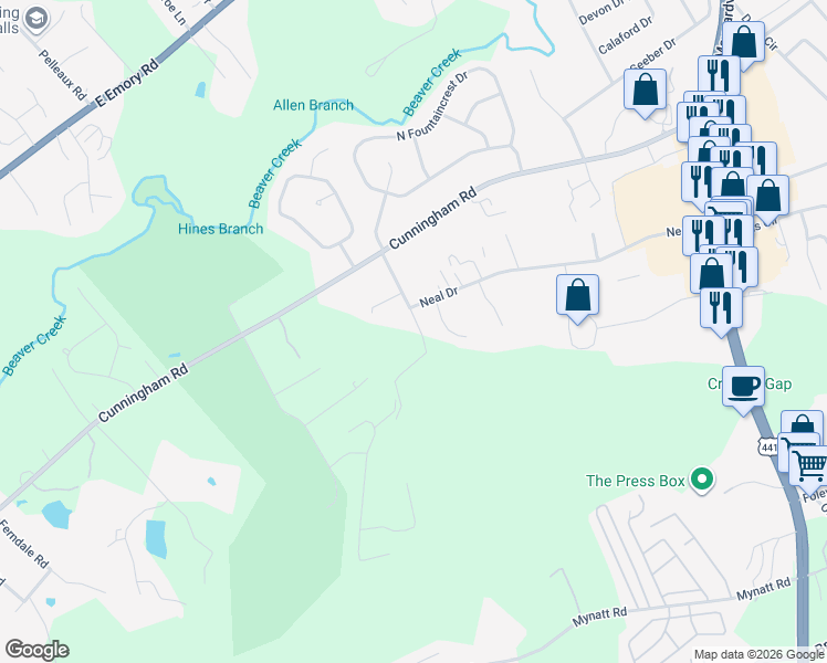 map of restaurants, bars, coffee shops, grocery stores, and more near 6825 Fraker Road Northeast in Knoxville