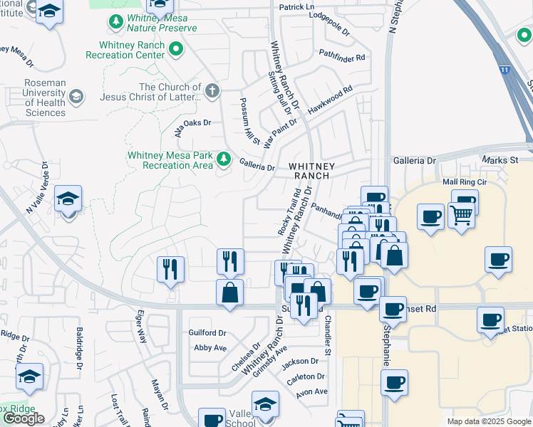 map of restaurants, bars, coffee shops, grocery stores, and more near 1510 Cliff Branch Drive in Henderson
