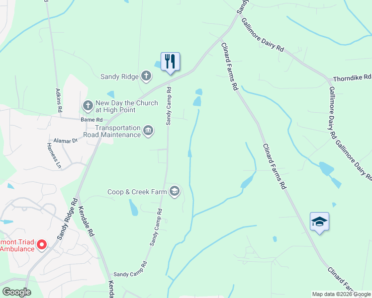 map of restaurants, bars, coffee shops, grocery stores, and more near 4718 Sandy Camp Road in High Point