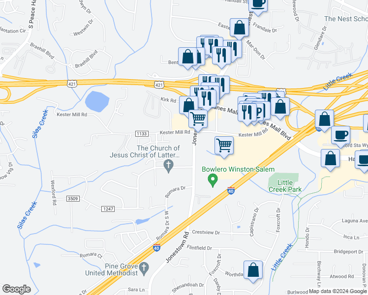 map of restaurants, bars, coffee shops, grocery stores, and more near 710 Jonestown Road in Winston-Salem