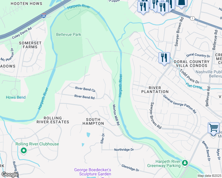 map of restaurants, bars, coffee shops, grocery stores, and more near 203 River Bend Lane in Nashville