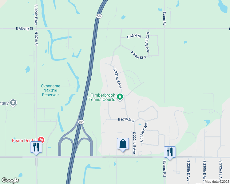 map of restaurants, bars, coffee shops, grocery stores, and more near 21945 East 66th Street South in Broken Arrow