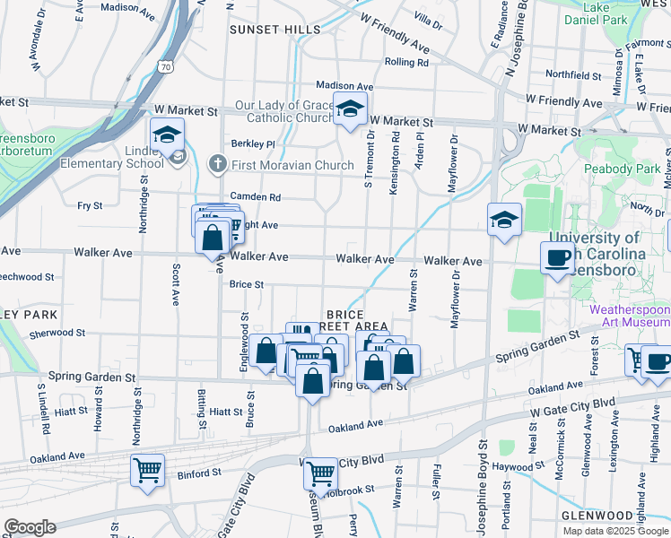 map of restaurants, bars, coffee shops, grocery stores, and more near 1911 Walker Avenue in Greensboro