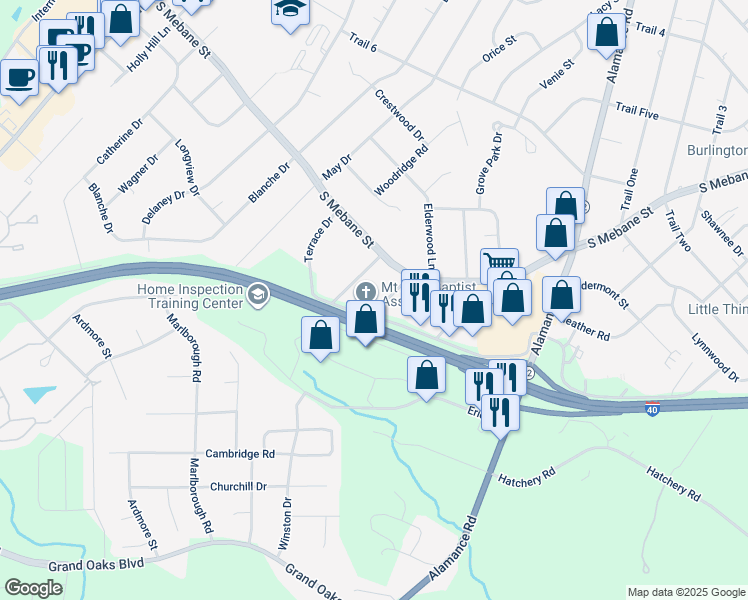 map of restaurants, bars, coffee shops, grocery stores, and more near 2709 Flint Street in Burlington