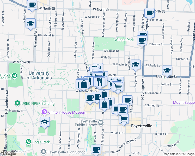 map of restaurants, bars, coffee shops, grocery stores, and more near 326 West Watson Street in Fayetteville