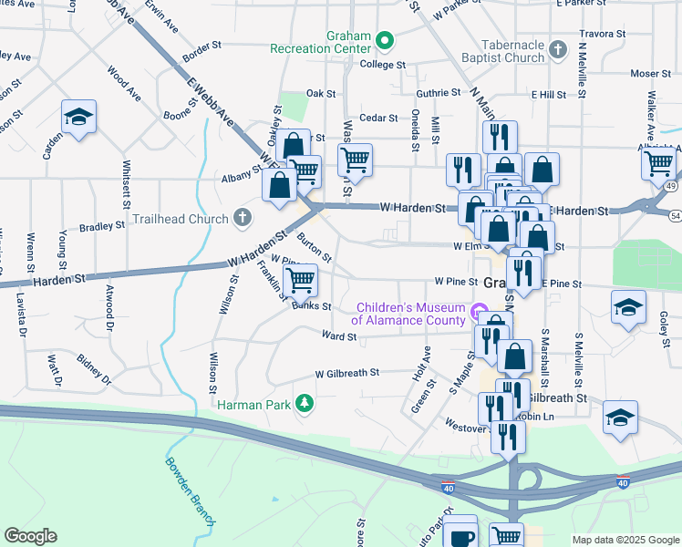 map of restaurants, bars, coffee shops, grocery stores, and more near 437 Banks Street in Graham