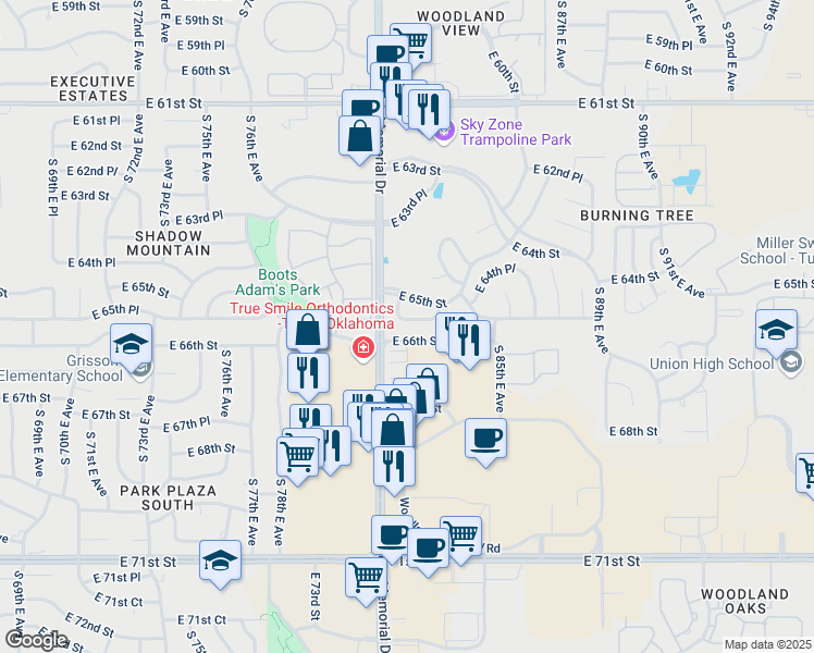 map of restaurants, bars, coffee shops, grocery stores, and more near 8110 East 65th Place in Tulsa