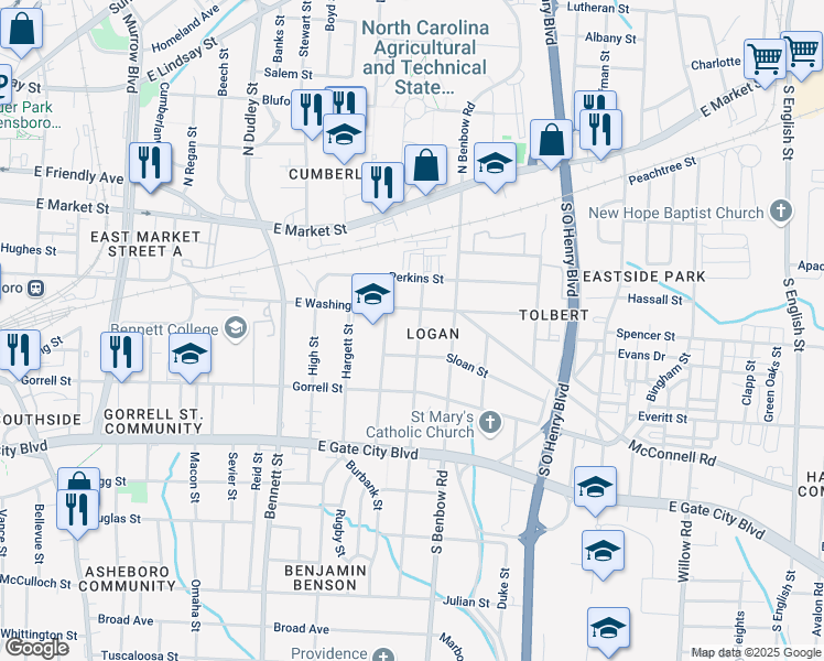 map of restaurants, bars, coffee shops, grocery stores, and more near 608 Logan Street in Greensboro