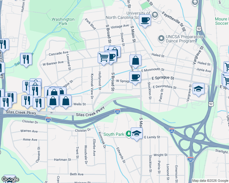 map of restaurants, bars, coffee shops, grocery stores, and more near 134 Southwest Devonshire Street in Winston-Salem