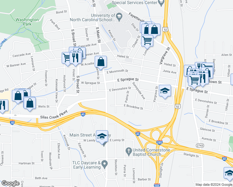 map of restaurants, bars, coffee shops, grocery stores, and more near 2409 Stockton Street in Winston-Salem