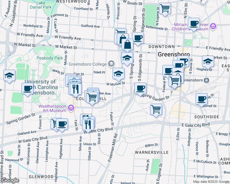 map of restaurants, bars, coffee shops, grocery stores, and more near 104 Wafco Lane in Greensboro