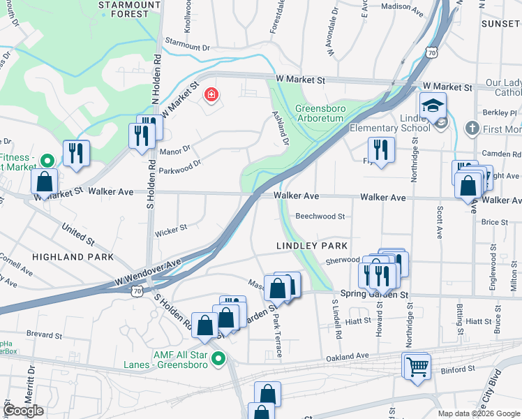 map of restaurants, bars, coffee shops, grocery stores, and more near 502 Willowbrook Drive in Greensboro