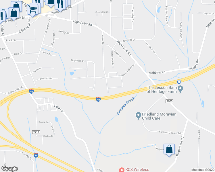 map of restaurants, bars, coffee shops, grocery stores, and more near 219 Plaza Ridge Circle in Winston-Salem