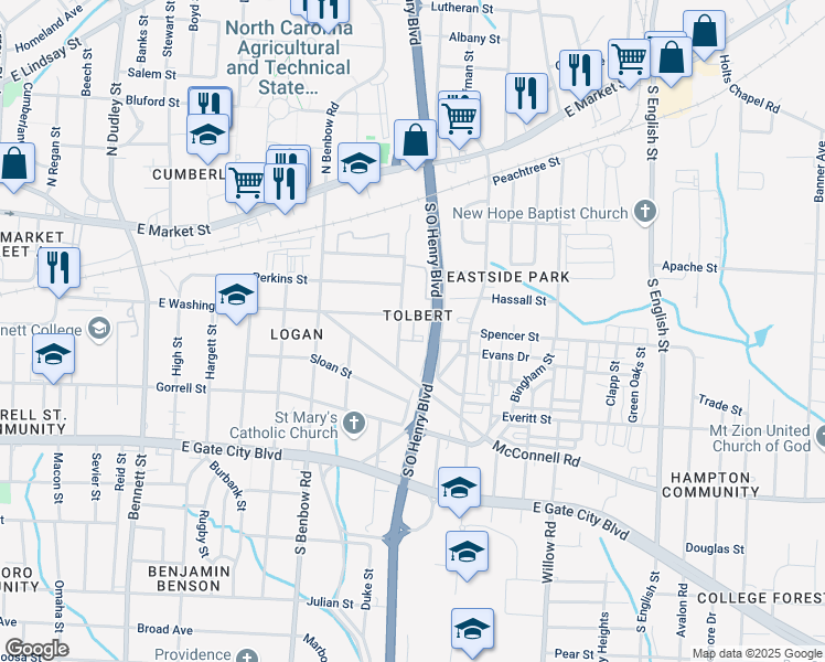 map of restaurants, bars, coffee shops, grocery stores, and more near 1601 East Washington Street in Greensboro