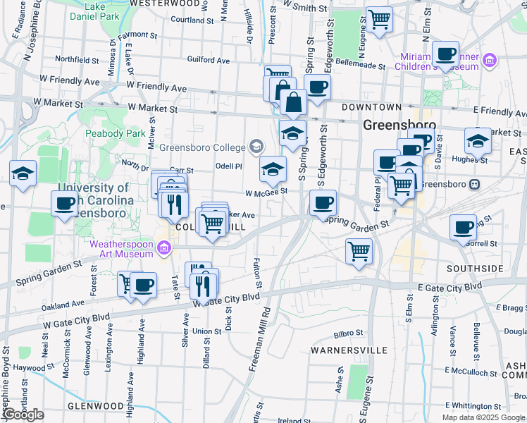 map of restaurants, bars, coffee shops, grocery stores, and more near 104 Wafco Lane in Greensboro