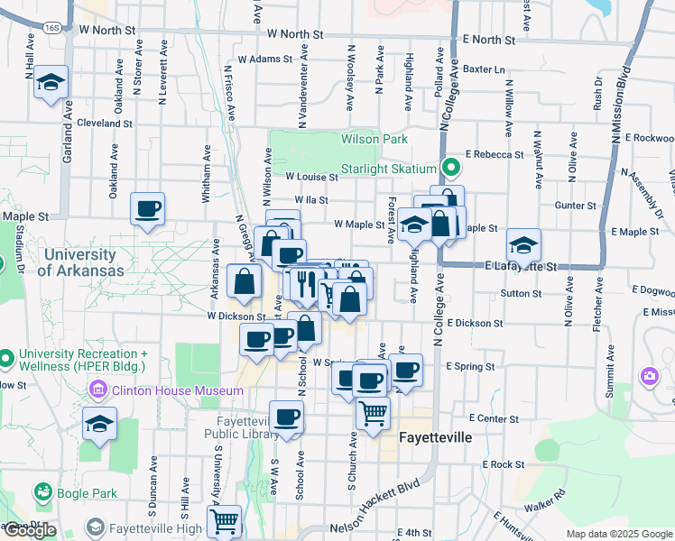 map of restaurants, bars, coffee shops, grocery stores, and more near 210 West Lafayette Street in Fayetteville