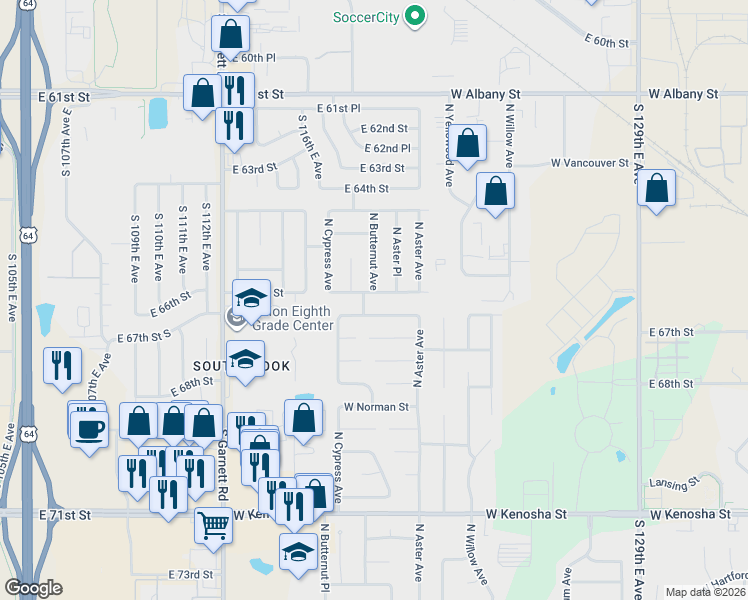 map of restaurants, bars, coffee shops, grocery stores, and more near 1706 North Aster Place in Broken Arrow