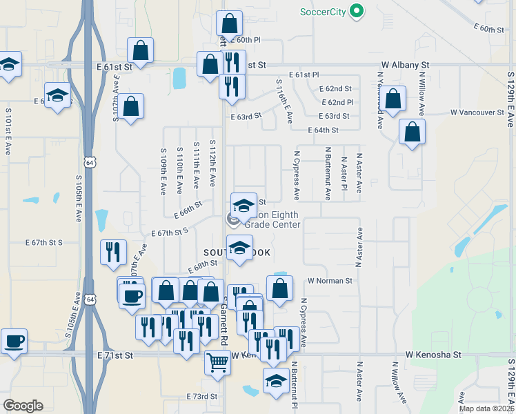map of restaurants, bars, coffee shops, grocery stores, and more near 4801 West Seattle Street in Broken Arrow