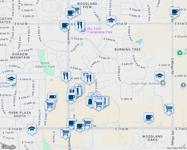 map of restaurants, bars, coffee shops, grocery stores, and more near 6414 South 86th East Avenue in Tulsa