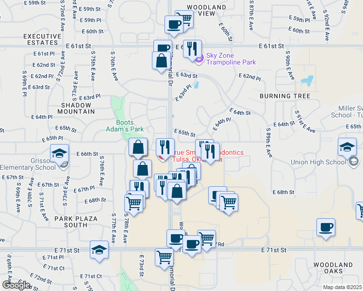 map of restaurants, bars, coffee shops, grocery stores, and more near 6506 South 81st East Place in Tulsa