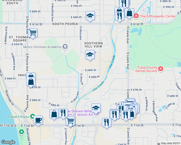 map of restaurants, bars, coffee shops, grocery stores, and more near 1825 East 66th Street in Tulsa