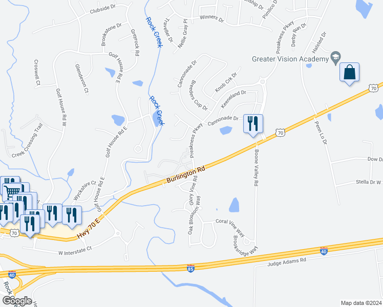 map of restaurants, bars, coffee shops, grocery stores, and more near 6799 Leaf Crest Drive in Whitsett
