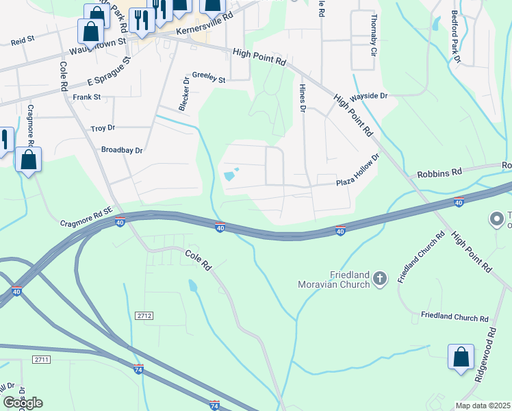 map of restaurants, bars, coffee shops, grocery stores, and more near 3248 Ridgewood Place Drive in Winston-Salem