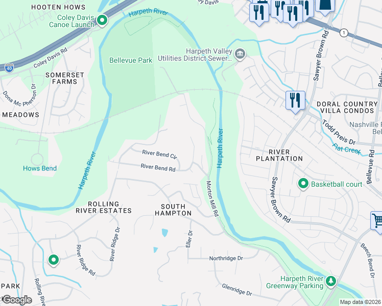 map of restaurants, bars, coffee shops, grocery stores, and more near 7325 River Bend Road in Nashville