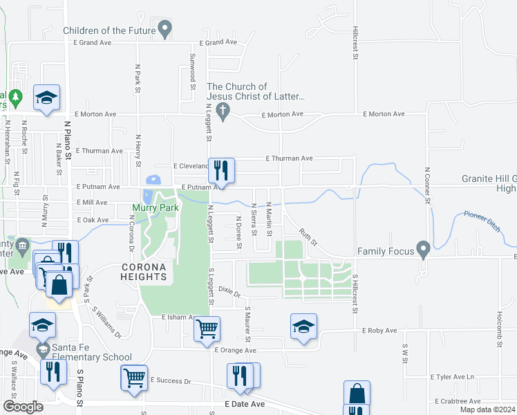 map of restaurants, bars, coffee shops, grocery stores, and more near 146 North Sierra Street in Porterville