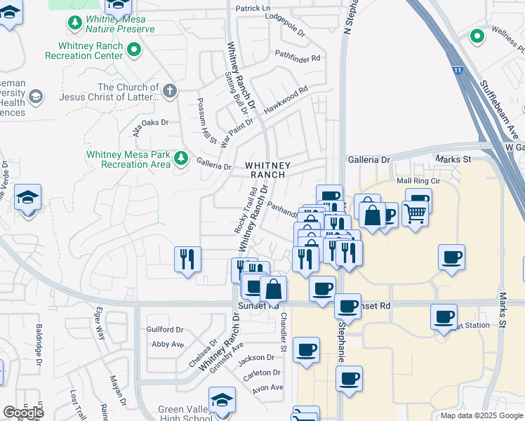 map of restaurants, bars, coffee shops, grocery stores, and more near 1461 Harmony Hill Drive in Henderson