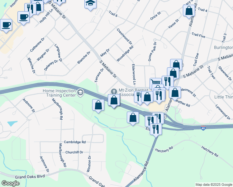 map of restaurants, bars, coffee shops, grocery stores, and more near 2709 Flint Street in Burlington