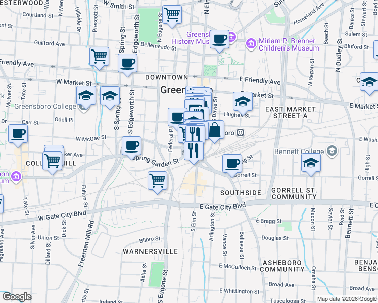 map of restaurants, bars, coffee shops, grocery stores, and more near 332 South Elm Street in Greensboro