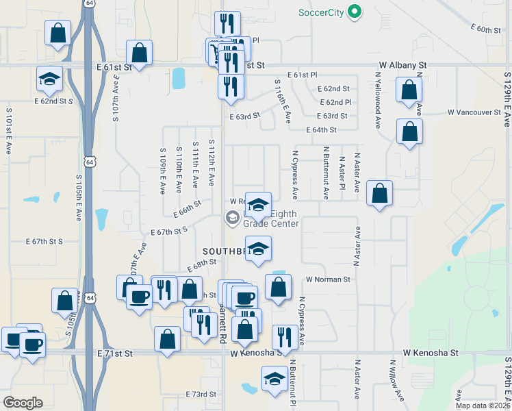 map of restaurants, bars, coffee shops, grocery stores, and more near 4801 West Seattle Street in Broken Arrow