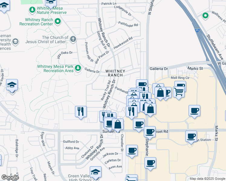 map of restaurants, bars, coffee shops, grocery stores, and more near 1461 Harmony Hill Drive in Henderson